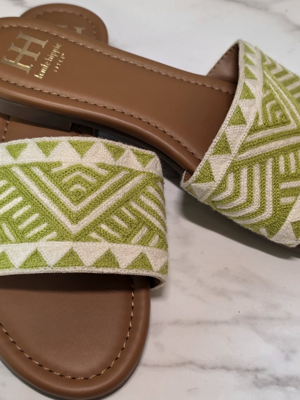 Haute Hippie Green & Cream Embroidered Slide Sandals with Tan Footbed